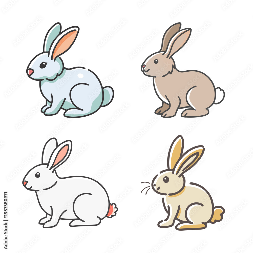 Fototapeta premium Cute rabbit icon set, cartoon bunny character collection, 4 colorful animal vector illustrations