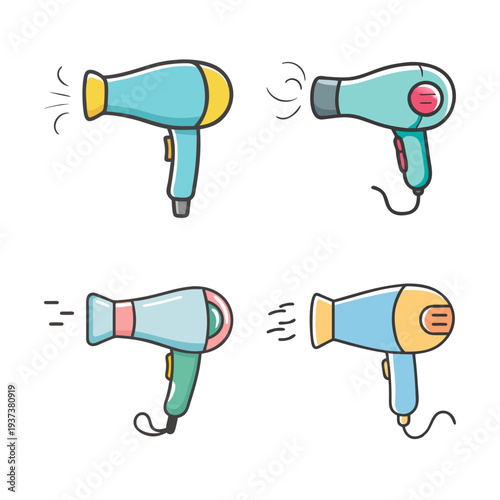 Four cartoon hairdryer icons with air flow lines on a white background