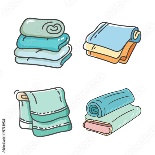 Four cartoon towel stacks and folded towels on a white background