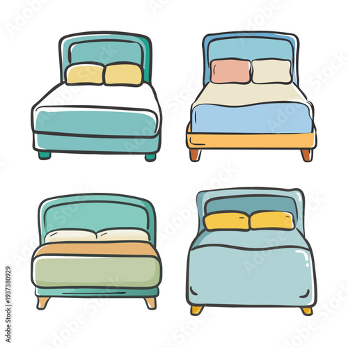 Four hand-drawn single beds with pillows and blankets in various pastel colors.