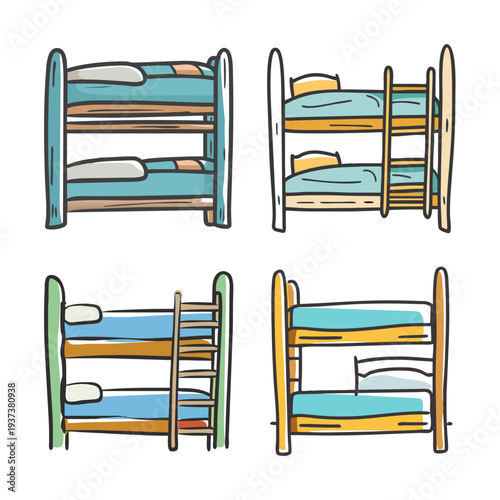 Four hand-drawn bunk beds with pillows and blankets in various colors.