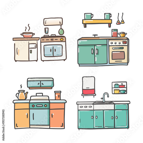 Four hand-drawn kitchenettes with cabinets, sink, stove, and utensils.