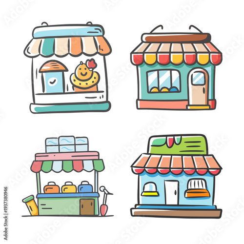Collection of four cute, colorful hand-drawn souvenir shop and market stall icons.