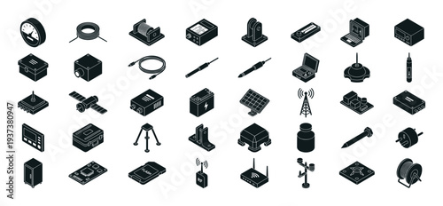 Collection of isometric electronic components and devices for technology and science