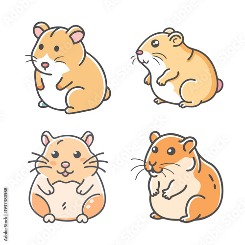 Four adorable cartoon hamsters in various poses, isolated on a white background.