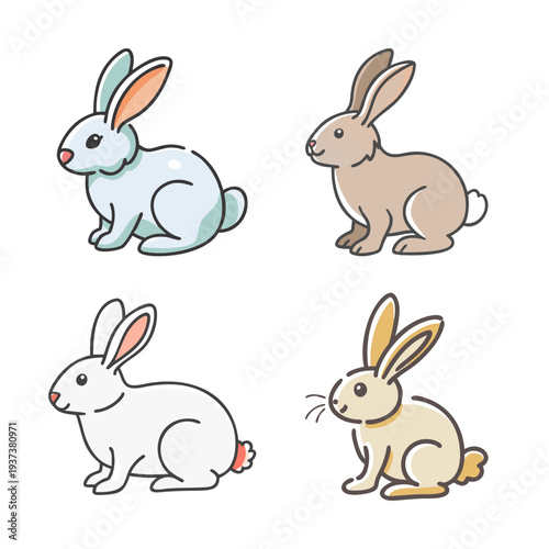 Four cute cartoon rabbits in different colors and poses, isolated on white background.