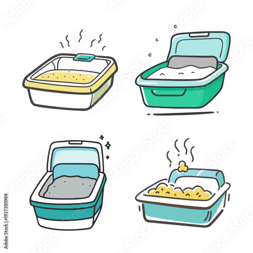 Four cartoon litter boxes with different types of litter and contents, isolated.