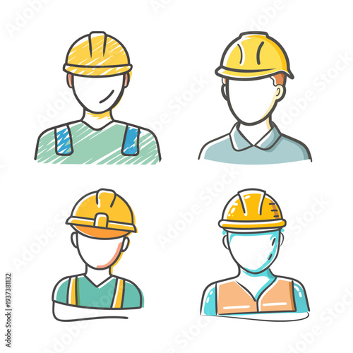 Diverse construction workers in hard hats, hand-drawn style, representing industry and labor.