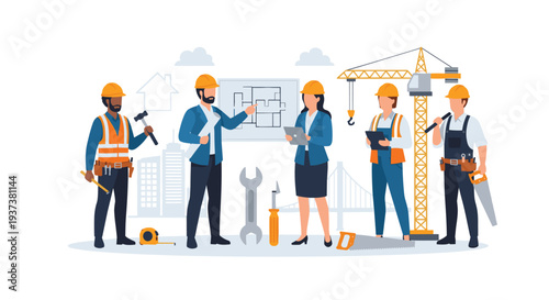 A diverse team of six construction professionals, including architects and workers, stands with various tools on a construction site with a crane and city silhouettes.