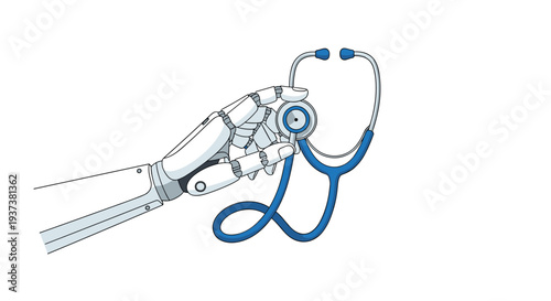 A white robotic hand with articulated fingers securely holds a blue stethoscope's diaphragm against a clean white background.