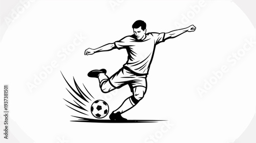 A dynamic illustration depicts a soccer player in mid kick powerfully striking a ball with focused energy and athletic grace high quality professional detailed modern elegant