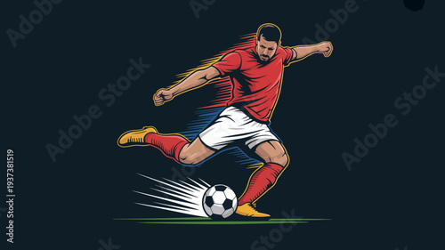 A dynamic illustration depicts a soccer player in mid kick showcasing athleticism and power while preparing to strike the ball high quality professional detailed modern elegant