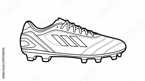 A black and white line drawing depicts a single soccer cleat viewed from a side profile showcasing its textured surface and studded sole high quality professional