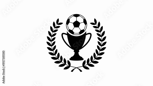 A black and white illustration displays a soccer ball centered within a trophy and laurel wreath symbolizing victory and sportsmanship high quality professional detailed modern elegant