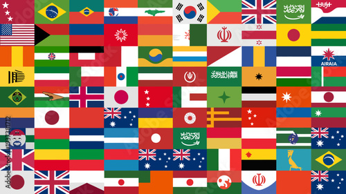 A vibrant collage displays a diverse collection of national flags from around the globe representing international unity and cultural identity high quality professional detailed modern elegant