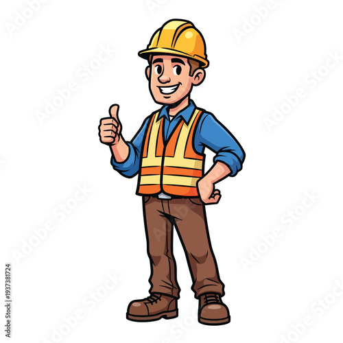 Illustration of a construction worker wearing a hard hat and safety vest giving a thumbs up in a workplace setting