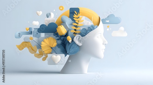 Abstract 3D render of a human head with colorful elements representing thoughts and creativity.