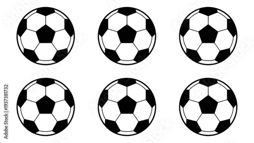 A graphic representation displays six classic black and white soccer balls arranged in a two row three column grid against a white background high quality professional