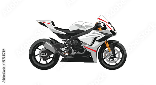 A sleek white sport motorcycle with red and black accents is shown in profile, highlighting its detailed engine and aerodynamic fairings on a white background.