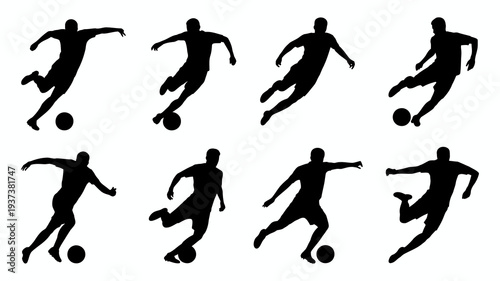 A collection of eight black silhouettes depicts dynamic soccer players in various action poses showcasing movement and athleticism high quality professional detailed modern elegant stylish clean