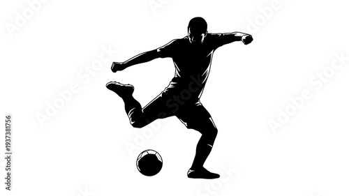 A dynamic silhouette depicts a soccer player in mid kick powerfully striking a ball with focused energy and athletic grace high quality professional detailed modern elegant
