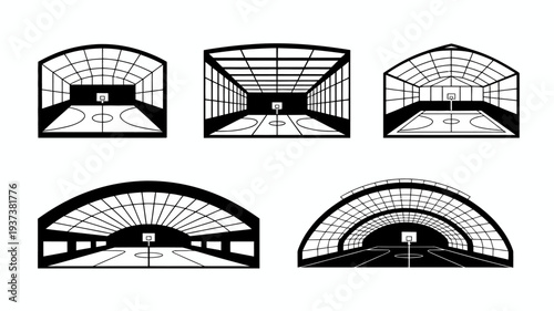 A series of black and white architectural illustrations depict indoor basketball courts viewed through arched grid patterned openings high quality professional detailed modern elegant stylish clean