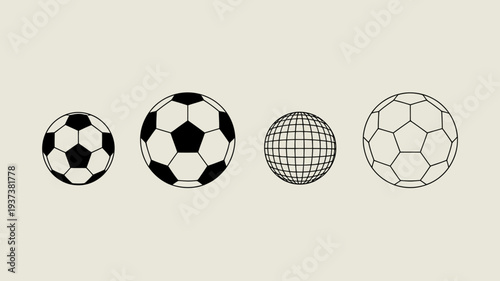A collection of six spherical objects is displayed featuring soccer balls and a globe all rendered in a simple black and white style high quality professional