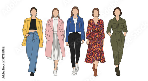 Five diverse women showcase a range of contemporary casual and stylish outfits, including a yellow blazer and a patterned midi dress, on a white background.