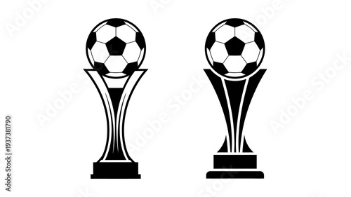 Two black and white trophy illustrations depict soccer or football championships featuring a spherical ball atop a stylized ornate pedestal base high quality professional detailed modern