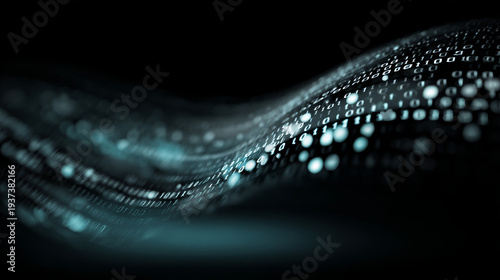 Binary code data wave abstract digital background flowing matrix line glowing particle stream dark cyber space futuristic technology motion blur neon light computer network blockchain concept
