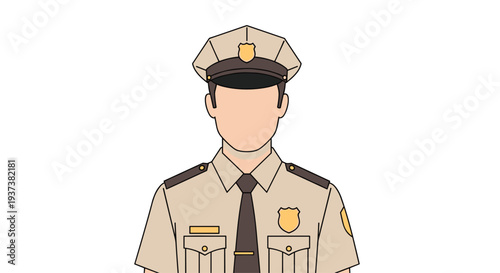 A cartoon male officer, with an obscured face, wears a tan uniform, a peaked cap with a dark badge, and a gold chest badge, depicted from the chest up against a white background.