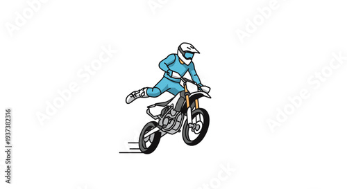 A cartoon-style motocross rider, wearing a light blue suit and white helmet, is depicted mid-air with one leg extended from the dirt bike, performing a trick against a clean white background.