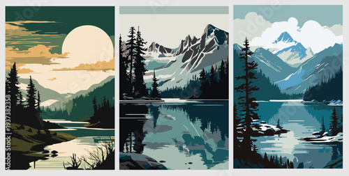 Set of three nature posters. Minimalist flat vector of pine forests, lakes, and snow-capped mountains in cool tones