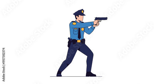 A male police officer, dressed in a dark blue uniform with a peaked cap and utility belt, is depicted in a tactical stance, aiming a black handgun directly forward against a plain white background.