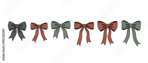 Six decorative ribbon bows in muted colors lined up horizontally decoration