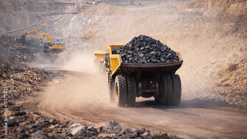 Mining dump trucks transporting coal anthracite.
