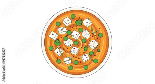 An overhead view shows a white bowl filled with orange curry, featuring white tofu cubes, green peas, and cilantro sprigs on a white background.