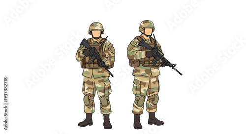 Two male soldiers in tan and green camouflage uniforms, helmets, and tactical vests stand side-by-side holding assault rifles on a white background.