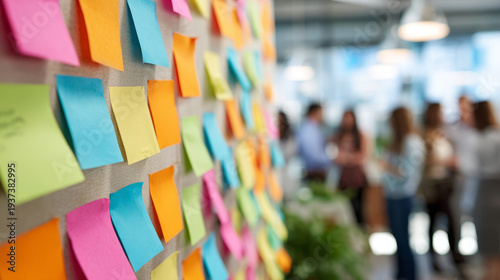 Creative brainstorm sticky note colorful office team meeting idea planning strategy Creative brainstorm with colorful sticky note office wall during casual team meeting, soft focus group