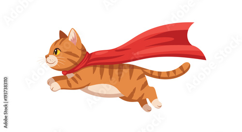 A joyful cartoon orange tabby cat, adorned with a flowing red cape, runs or leaps energetically across a pristine white background.