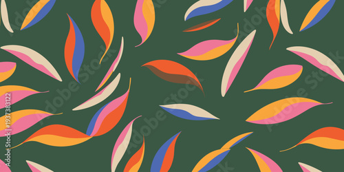 Abstract organic shapes in warm and cool colors scattered on a dark green background pattern colorful