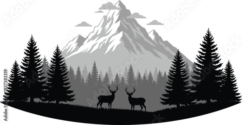 Mountain forest landscape with deer silhouettes, alpine wilderness scene with pine trees and wildlife, nature outdoor adventure vector illustration