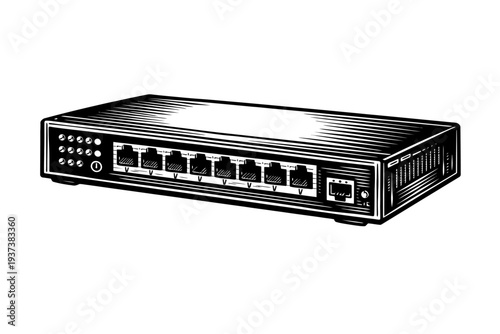 Vintage Woodcut Engraving of a Multi-Port Ethernet Network Switch with RJ45 Connectors and LED Indicators, Ideal for Home or Office LAN Setup, Computer Networking, and Data Communication Systems Artwo