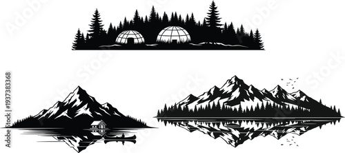 Mountain lake reflection landscape silhouette, pine forest wilderness scene, cabin canoe camping adventure, alpine nature illustration, outdoor travel vector design