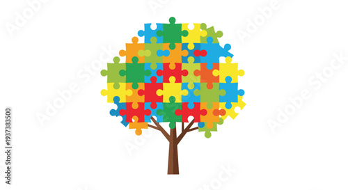A stylized tree with a brown trunk and branches displays its foliage entirely composed of vibrant, interlocking jigsaw puzzle pieces on a white background.