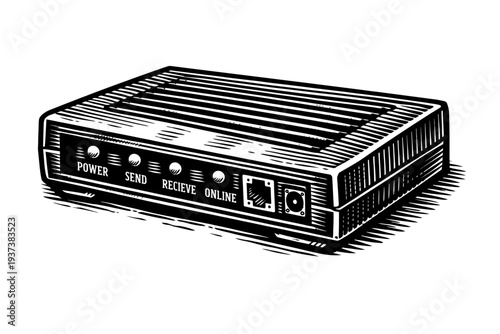 Monochrome woodcut of vintage internet modem/network switch. Features 'POWER', 'SEND', 'RECIEVE' (typo), 'ONLINE' LEDs, RJ45 Ethernet, and power input. Ideal for retro tech, digital history, and early