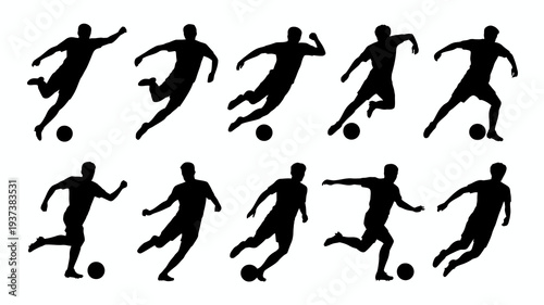 A collection of black silhouettes depicts various dynamic poses of soccer players in action showcasing movement and athletic skill high quality professional detailed modern elegant stylish