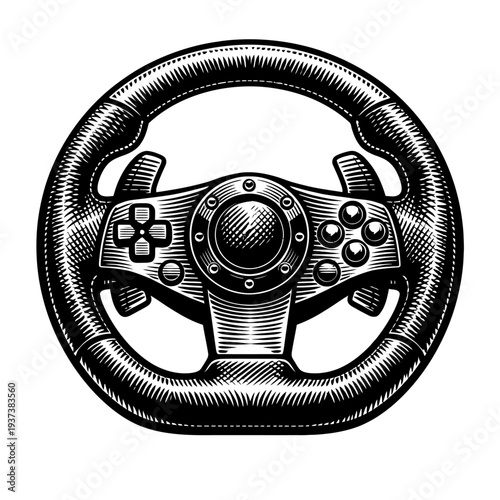 Black and white engraving of a gaming racing wheel controller. Features D-pad, action buttons, and paddle shifters. Ideal for arcade and simulation racing, retro gaming, motorsport fans. Authentic dig