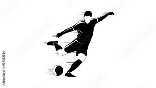 A dynamic black and white illustration depicts a soccer player in mid kick powerfully striking a ball with focused energy and motion high quality professional detailed