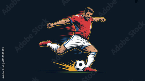 A dynamic illustration showcases a soccer player in mid kick powerfully striking a ball with speed and intensity on a dark background high quality professional detailed